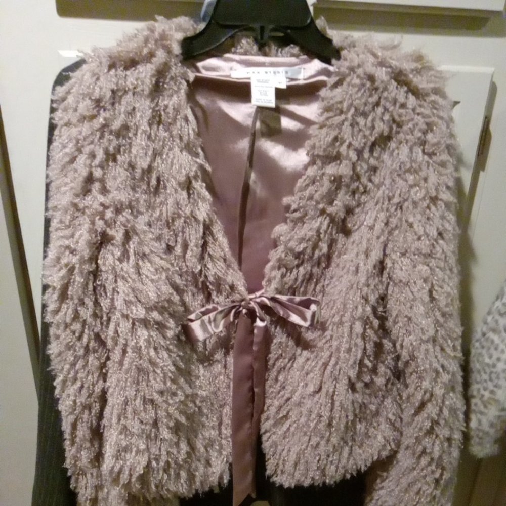 Max Studio Women's Teddy sherpa jacket Tie Front Champaign Beige M